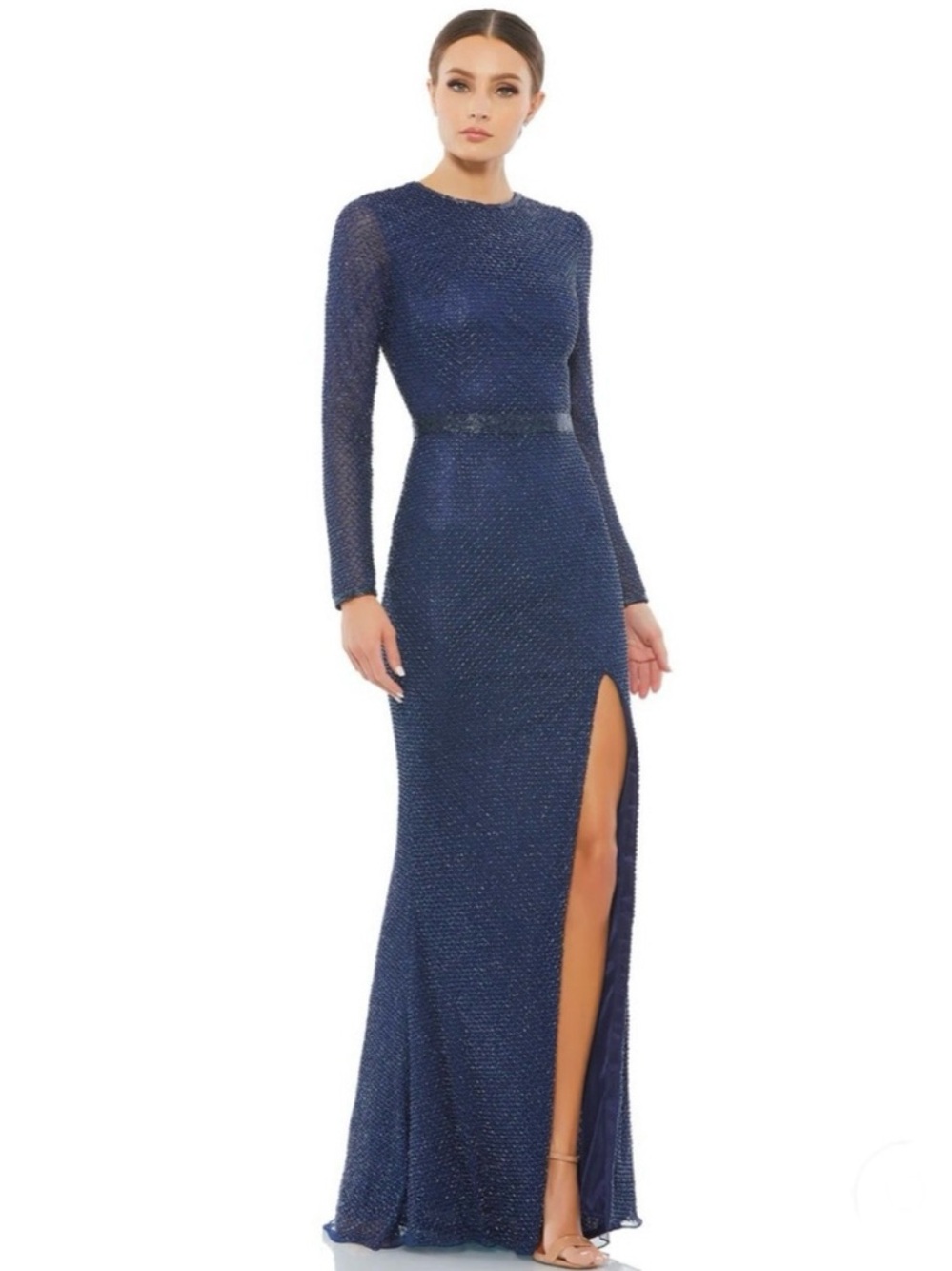 MAC DUGGAL Beaded High Neck Long Sleeve Gown Detailed Belt NEW Size 14 Midnight